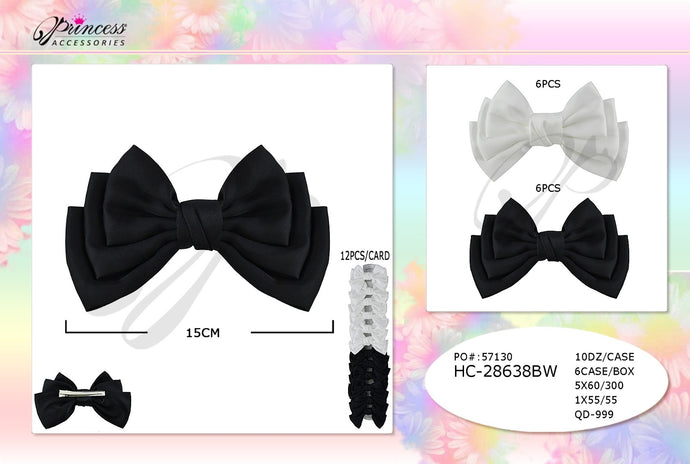 Hair-Black And White Hair Bow Clip HC-28638BW (12pc strip)