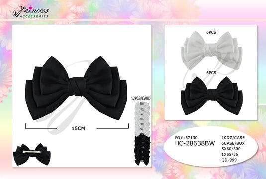 Hair-Black And White Hair Bow Clip HC-28638BW (12pc strip)