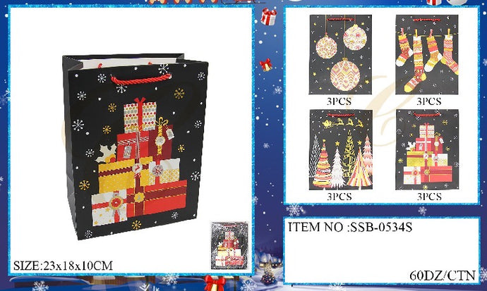 Novelties-Xmas Gift Bags Black Background SSB-0534S (12pc pack)