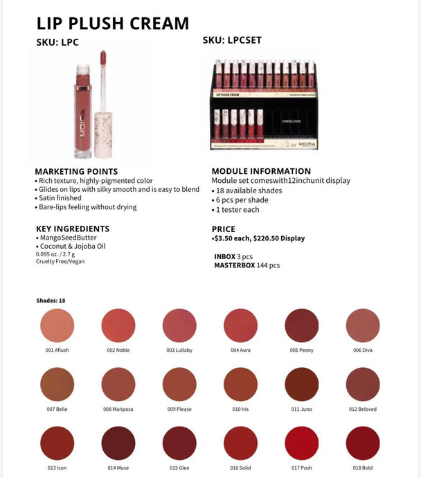 Lips-Moira Lip Plush Cream #LPCSET ($3.50 each, 108pc + tester display)