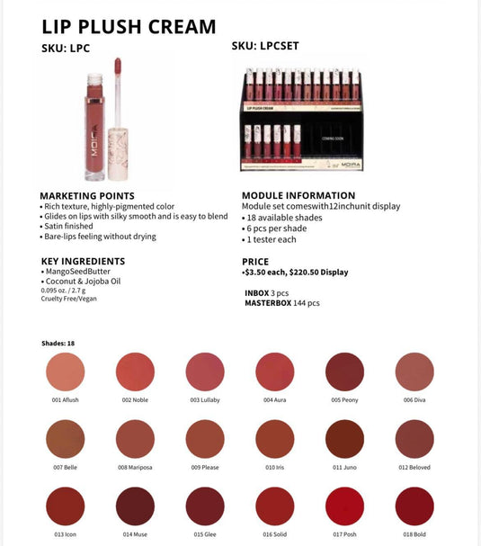 Lips-Moira Lip Plush Cream #LPCSET ($3.50 each, 108pc + tester display)