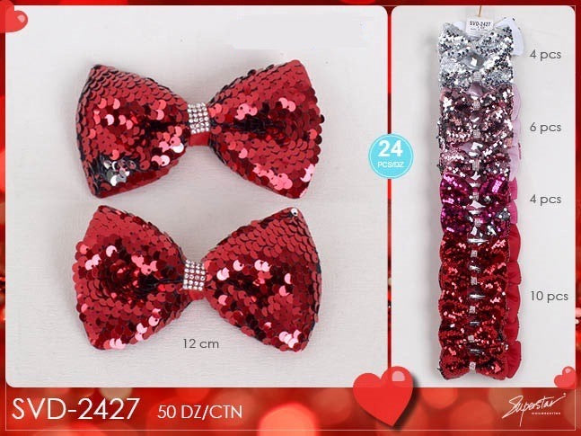 Hair- Valentine Sequined Hair Bows SVD-2427 (24pc strip)