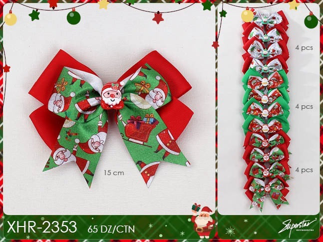 Hair- Xmas Santa Hair Bows XHR-2353 (12pc strip)