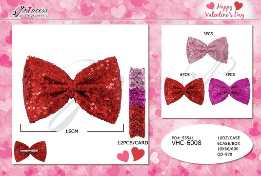 Hair- Valentine Sequined Hair Bows VHC-6008 (12pc strip)