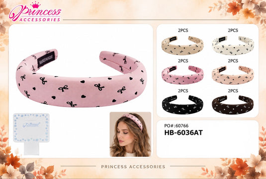 Hair-Bow & Heart Print Padded Headbands HB-6036AT (12pc pack)