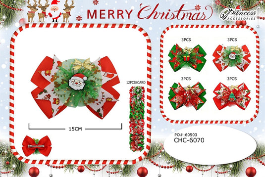Hair-Layered Christmas Ribbon Hair Bow Clips with Tulle CHC-6070 (12pc pack)
