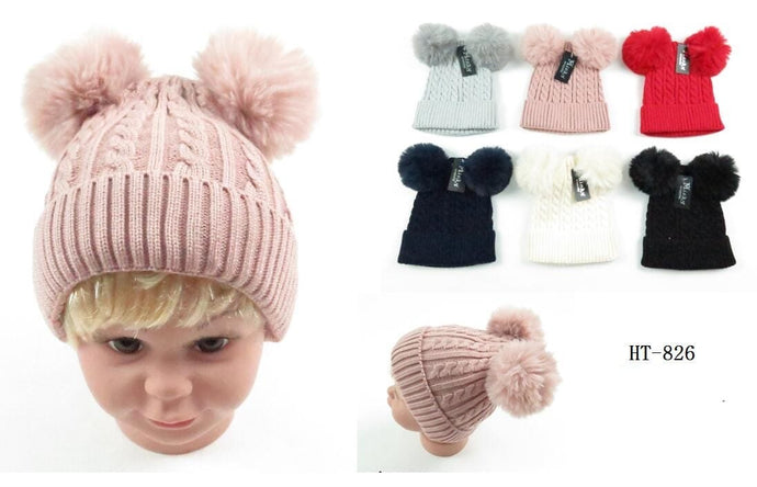 Hair- Kids Double Pom Pom Beanie HT826 (12pc pack)