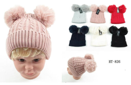 Hair- Kids Double Pom Pom Beanie HT826 (12pc pack)