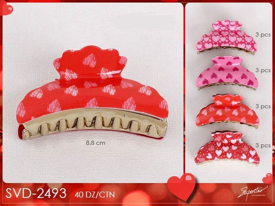 Hair- Valentine Assorted Pink/Red Heart Hair Clips SVD-2493 (12pc pack)