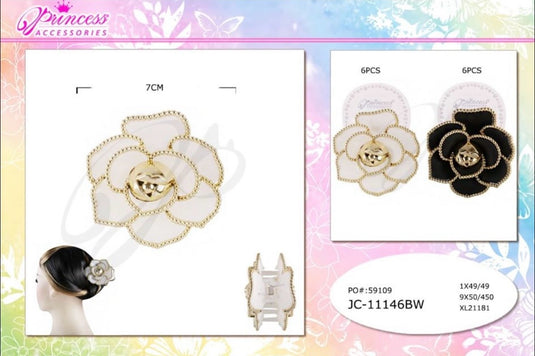 Hair-Flower Jaw Hair Clip JC-11146BW (12pc pack)