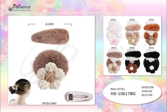 Hair-Flower Fuzzy Pony Tail and Hair Pin HS-10615BG (12pc pack)