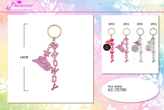 Accessories-Howdy Cowgirl Charm Keychain in Pink & Silver KC-75790 (12pc pack)