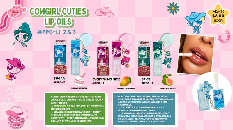 Load image into Gallery viewer, Lips-Beauty Creations The Powerpuff Girls Cowgirl Cuties Lip Oil- Everything Nice #PPG-L2 ($3.75 each, 4pc bundle)
