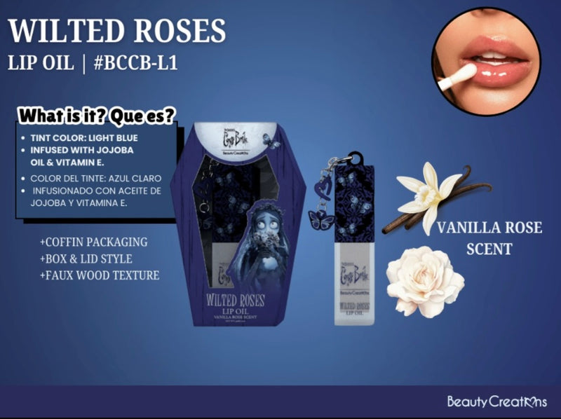 Load image into Gallery viewer, Lips-Beauty Creations Tim Burton’s Corpse Bride Lip Oil Wilted Roses #BCCB-L1 ($4 each, 6pc bundle)
