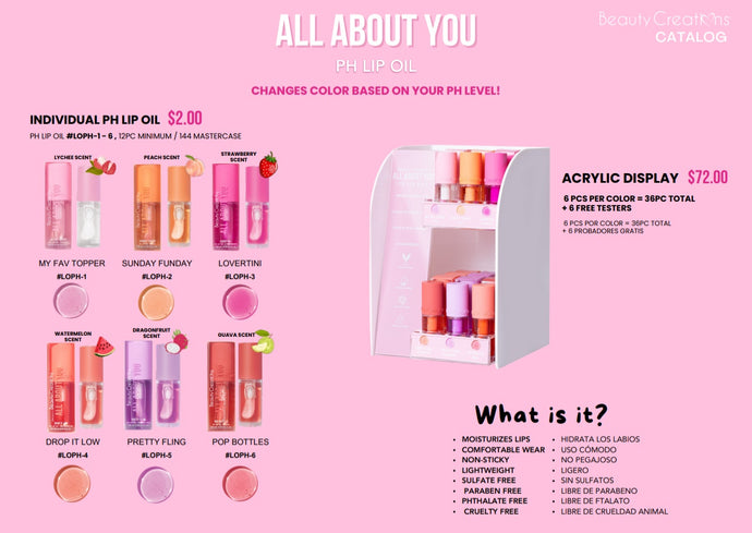 Lips-Beauty Creations All About You PH Lip Oil Display #LOPH (36pc + Free Tester/Acrylic)