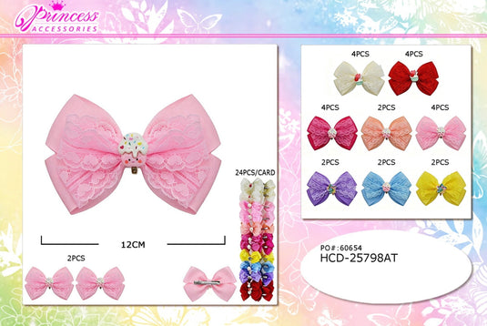 Hair-Lace Bow Hair Clips with Sweet Charms HCD-25798AT (24pc pack)