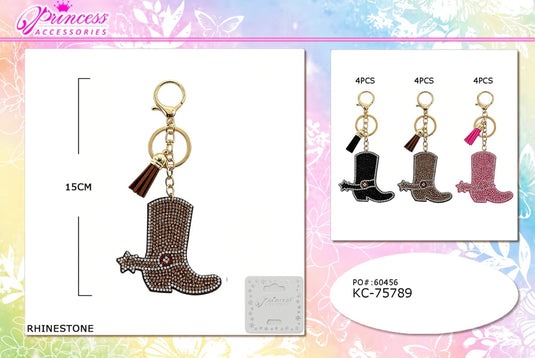 Accessories-Rhinestone Cowgirl Boot Keychain in Assorted Colors KC-75789 (12pc pack)