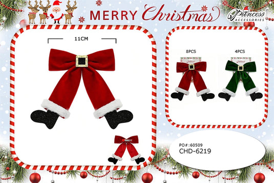 Hair-Santa Suit Velvet Bow Hair Clips in Red & Green CHD-6219 (12pc pack)