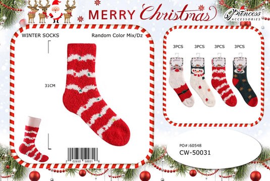 Accessories-Fuzzy Christmas Winter Socks in Assorted Holiday Designs CW-50031 (12pc pack)