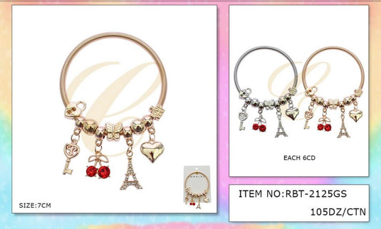 Jewelry-Cherry and Eiffel Tower Charms Bracelet RBT-2125GS (12pc pack)