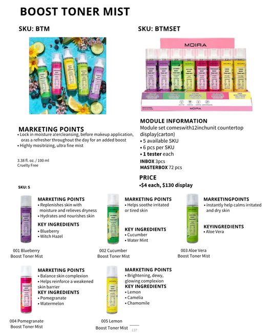Skincare-Moira Boost Toner Mist BTMSET ($4 each, 30pc display + Tester)