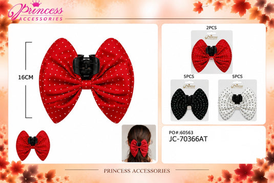 Hair-Polka Dot Bow Hair Claw Clips in Red, Black & White JC-70366AT (12pc pack)