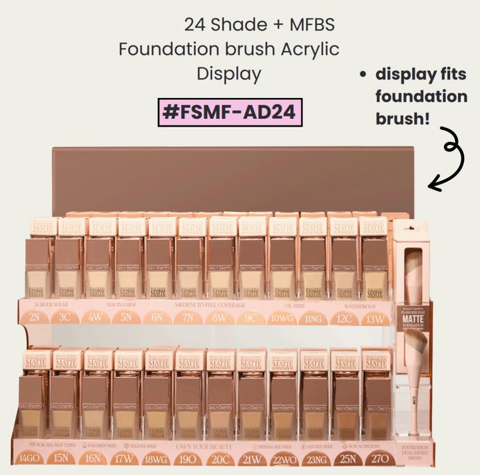 Face-Beauty Creations Flawless Stay Matte Foundation + Dual Ended Brush Complete Display #FSMF-AD24 ($6.50 each, 96pcs +24 free tester + 6 free brush)