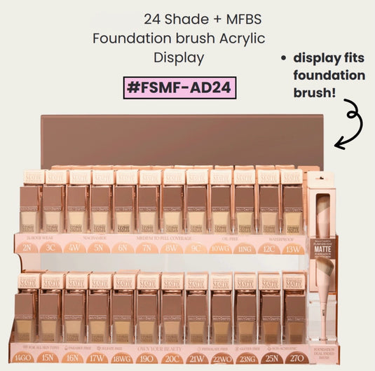 Face-Beauty Creations Flawless Stay Matte Foundation + Dual Ended Brush Complete Display #FSMF-AD24 ($6.50 each, 96pcs +24 free tester + 6 free brush)
