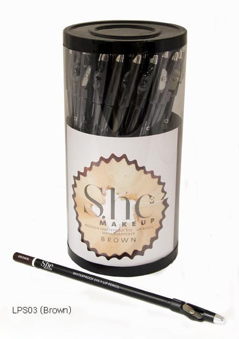 Eyes- SHE BROWN Lip/Eye Wooden Waterproof Pencil with sharpener Jar LPS03 (72pc Jar)