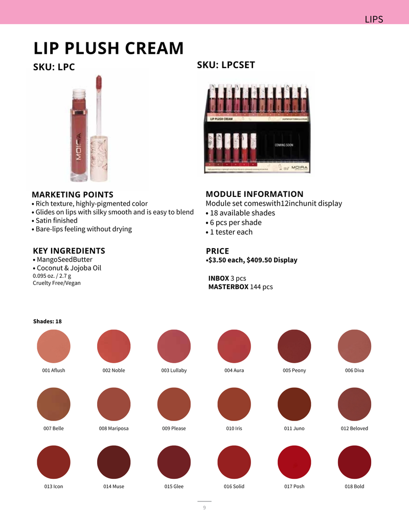 Load image into Gallery viewer, Lips-Moira Lip Plush Cream #LPCSET ($3.50 each, 108pc + tester display)
