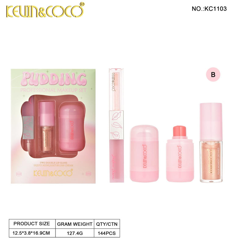 Load image into Gallery viewer, Face-Kevin&amp;Coco Pudding Makeup Set- Blush, Highlight and Lip Gloss KC1103-B ($3 each, 12pc display)

