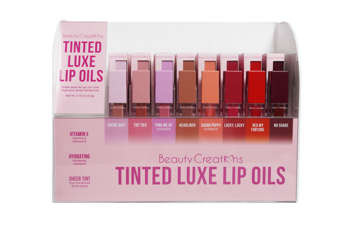 Lips-Beauty Creations Tinted Luxe Lip Oils Complete Display #TLXL ($3.25 each, 8 shades, 6pc per color)