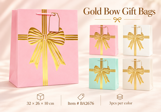 Novelties-Gold Bow Gift Bags BA2676 (12 Pc pack)