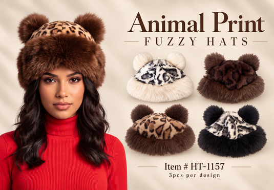 Accessories-Animal Print Fuzzy Beanie Hat With Pom Pom HT-1157 (12pc pack)