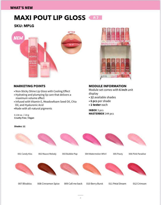 Lips-Moira Maxi Pout Lip Gloss Complete Display MPLG ($3.50 each, 72pc + 12 samples )