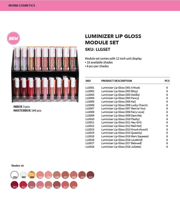 Lips- Moira Luminizer Lip Gloss Display (108pcs + testers)