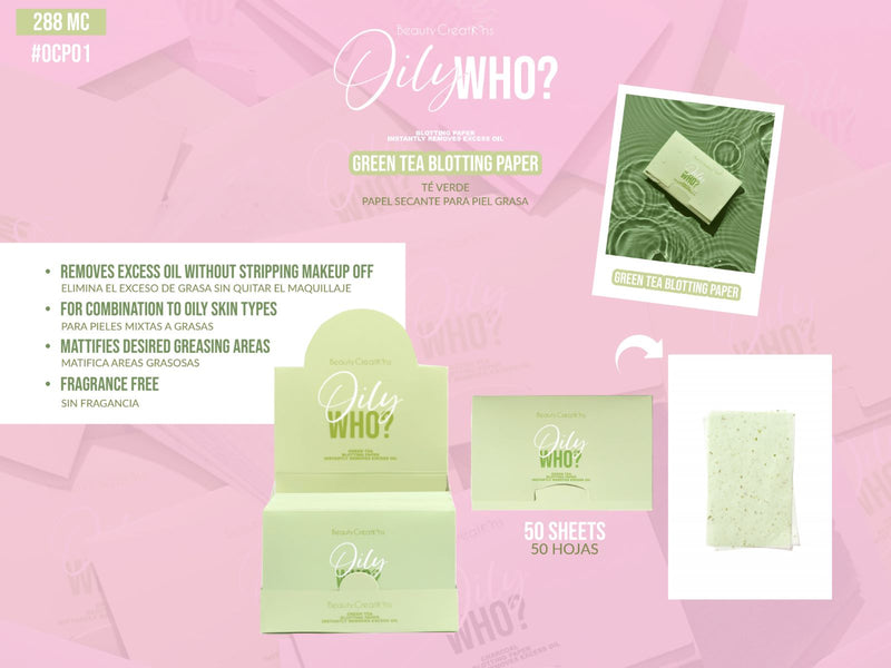 Load image into Gallery viewer, Face-Beauty Creations Oily Who? Blotting Paper- Green Tea OCP01 (24pc display, $2 each)
