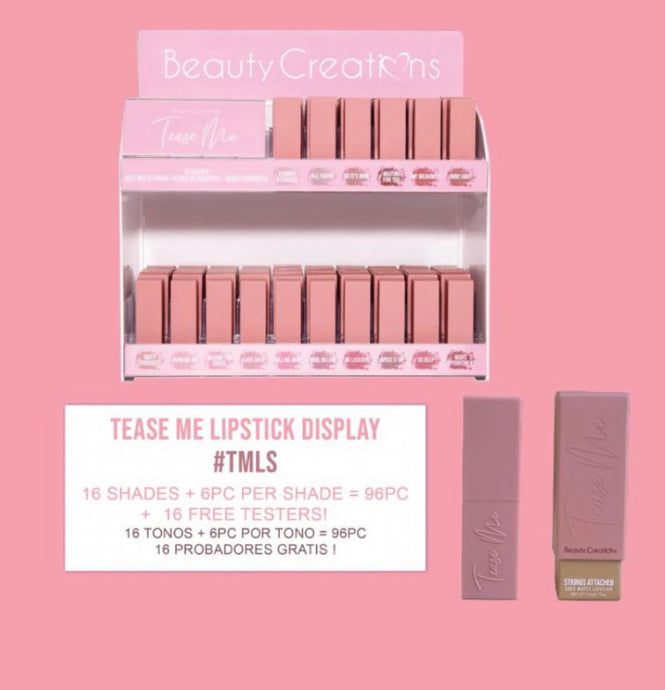 Lips-Beauty Creations Tease Me Soft Matte Lipstick Display #TMLS  (96pc Bulk , $2.25)